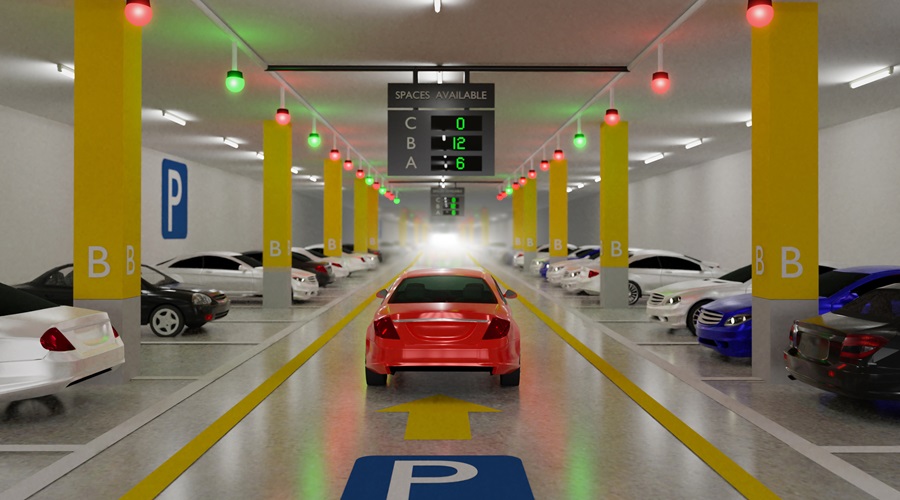 Smart Parking lot Guidance System with Overhead Indicators, Intelligent sensors assist control/monitor, Efficient management, 3D Rendering